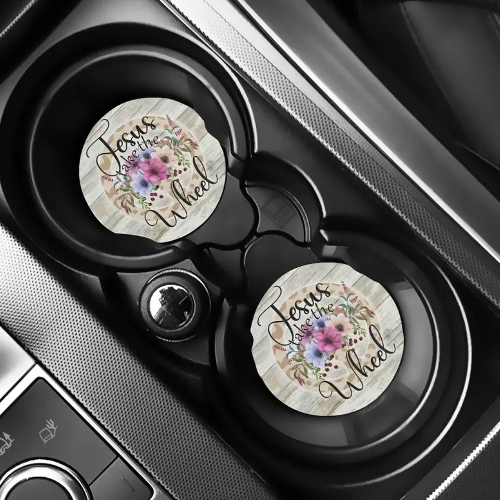 Jesus Take The Wheel Car Cup Holder Coaster 2 Pack. New